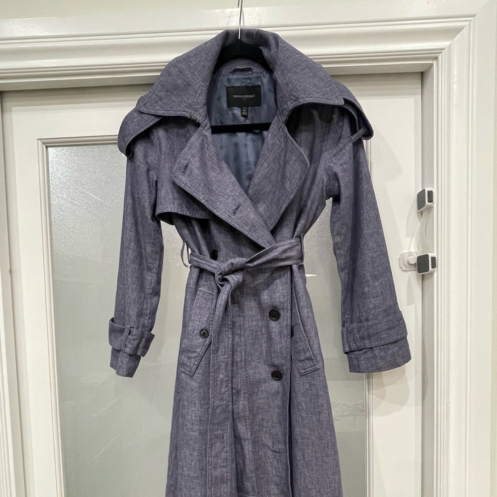 Banana Republic Chambray Blue Denim subtle Herringbone Trench Coat